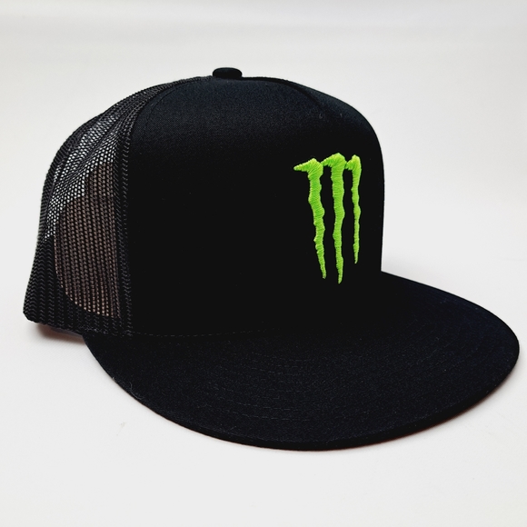 Monster Energy Flat Bill Trucker Mesh Snapback Hat Black - Picture 3 of 5